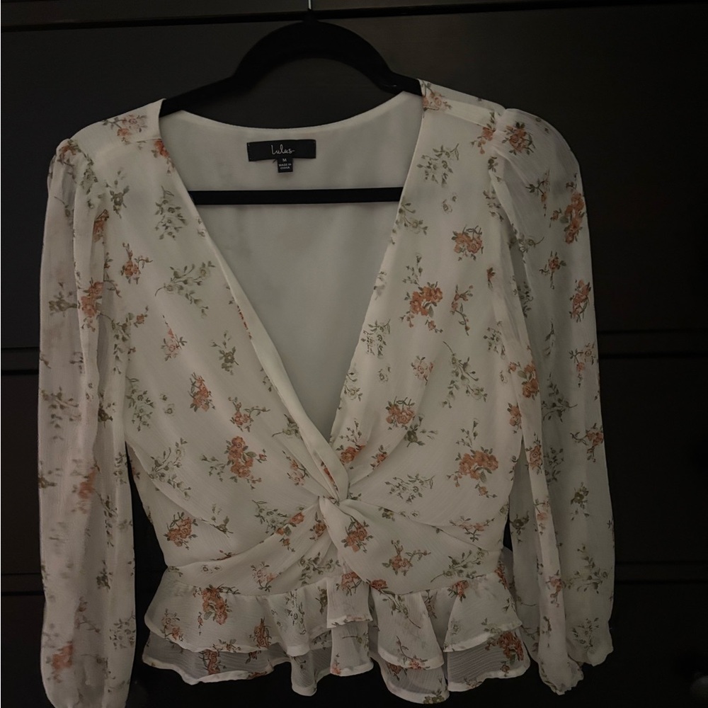 Lulu's Cream and Orange Floral Wrap Blouse